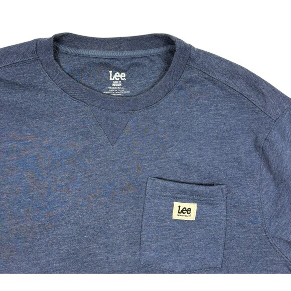Lee Premium Select Pocket Crewneck Sweatshirt Heather Blue Fleece Logo M - Picture 2 of 9